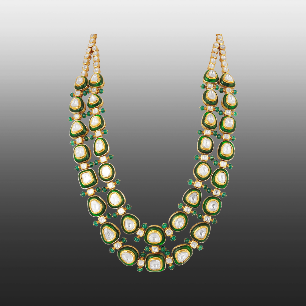 Polki Necklace with Green Chudi Work and Emerald Fungar Beads